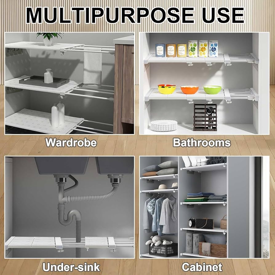 Expandable Closet Tension Shelf Storage Rack for Wardrobe, Kitchen, Bathroom